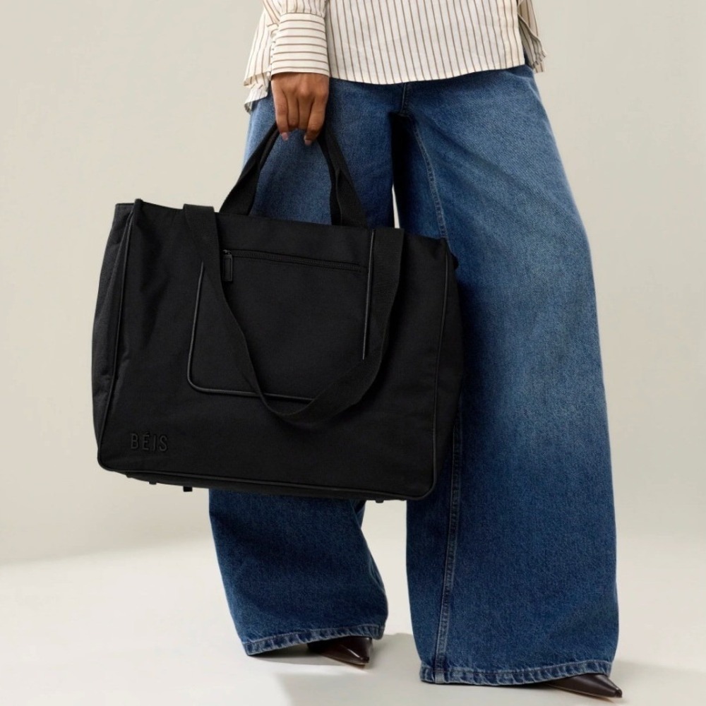 BEIS The East to West Tote Black Travel Bag with Laptop Sleeve and Trolley Pass